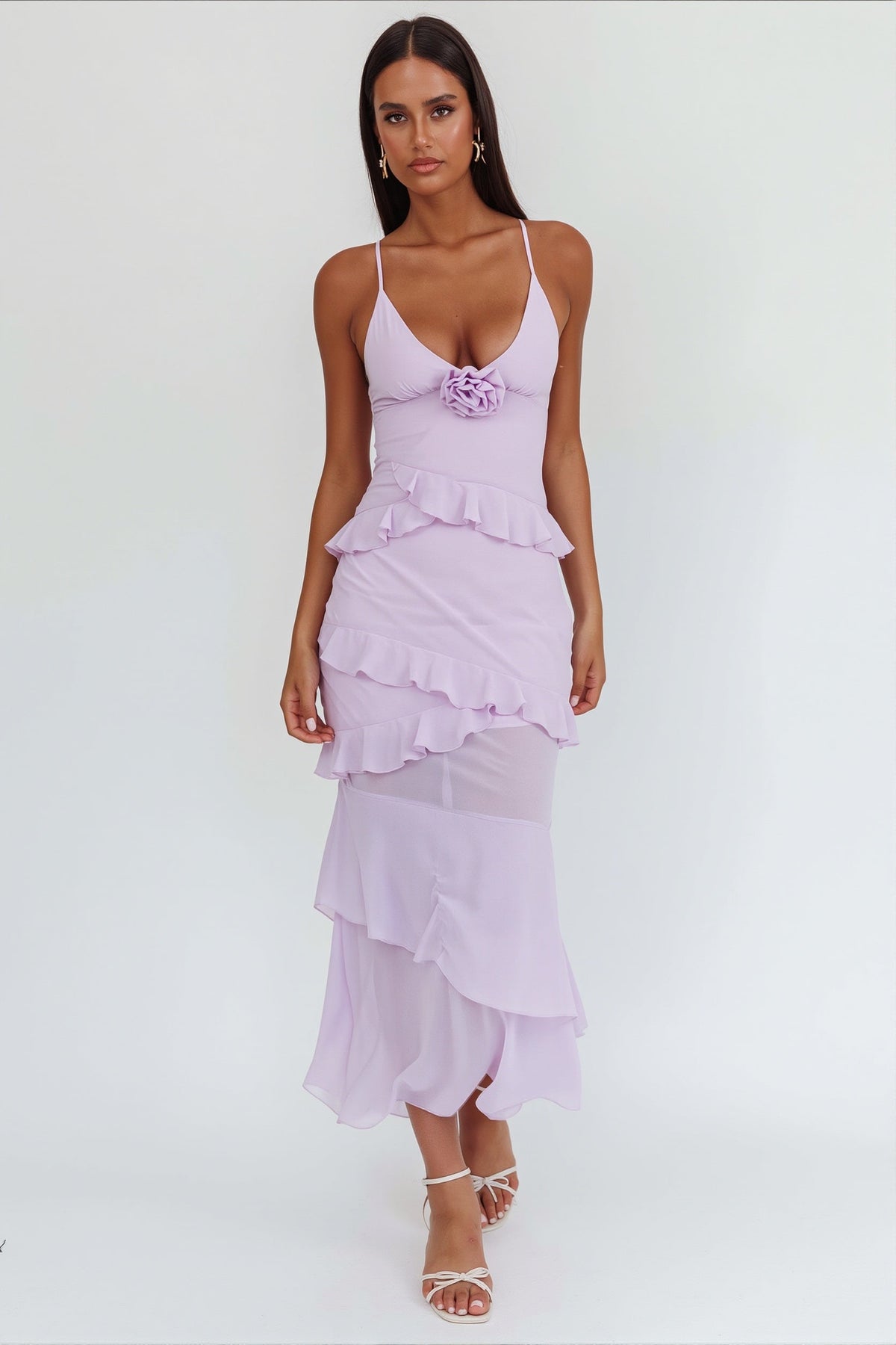 Chiffon V-Neck Rosette Ruffle Tiered Maxi Dress