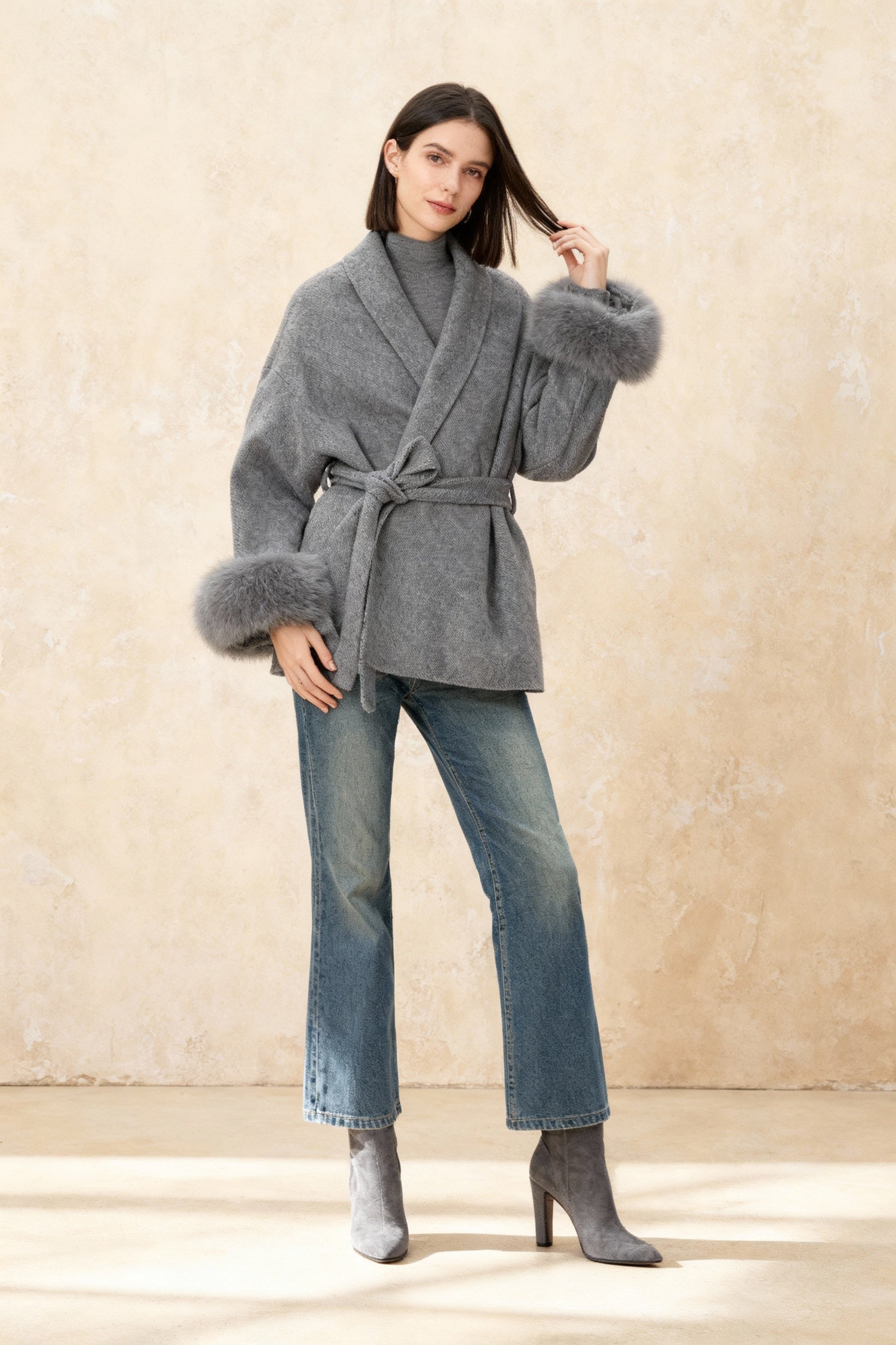 Cashmere Coat With Fur Cuffs Fox Fur Overcoat - Fashionpara