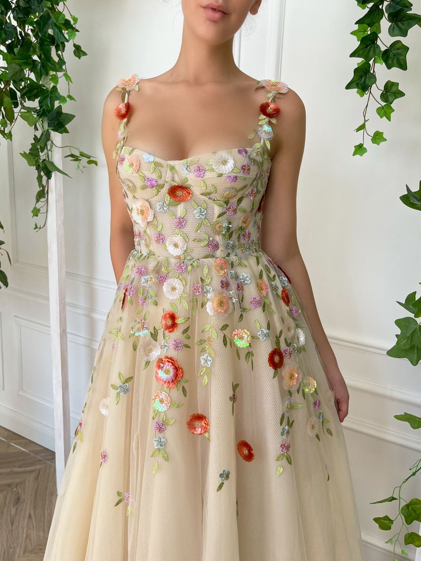 Champagne A Line Embroidery Long Prom Dress With 3D Flowers - Fashionpara