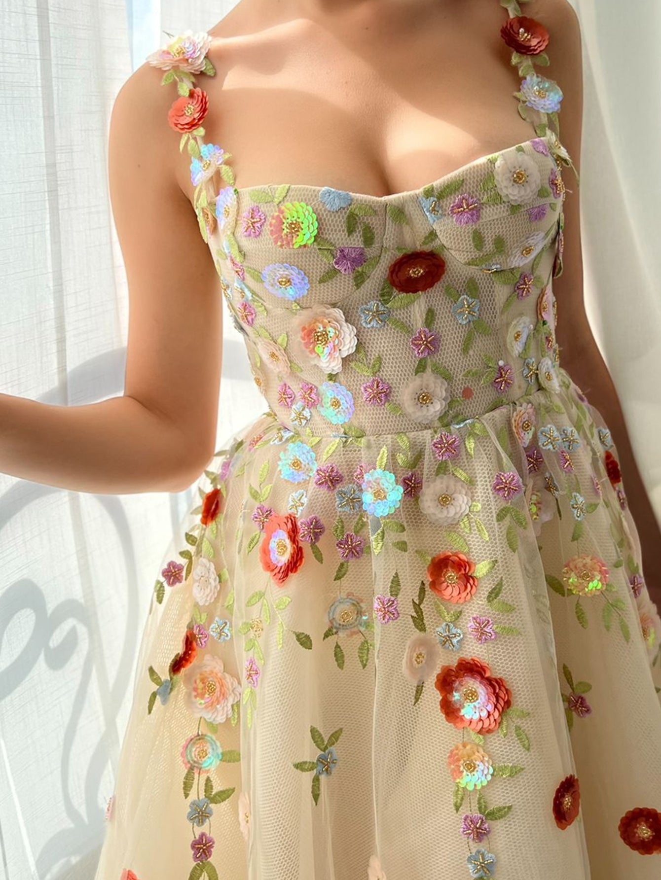 Champagne A Line Embroidery Long Prom Dress With 3D Flowers - Fashionpara