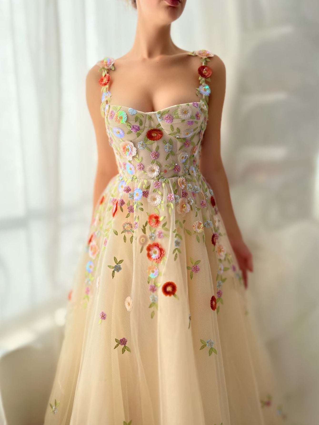 Champagne A Line Embroidery Long Prom Dress With 3D Flowers - Fashionpara