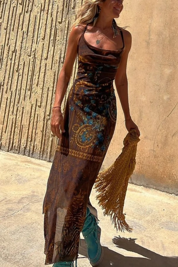Backless Lace Up Fringe High Split Boho Maxi Dress - View 2