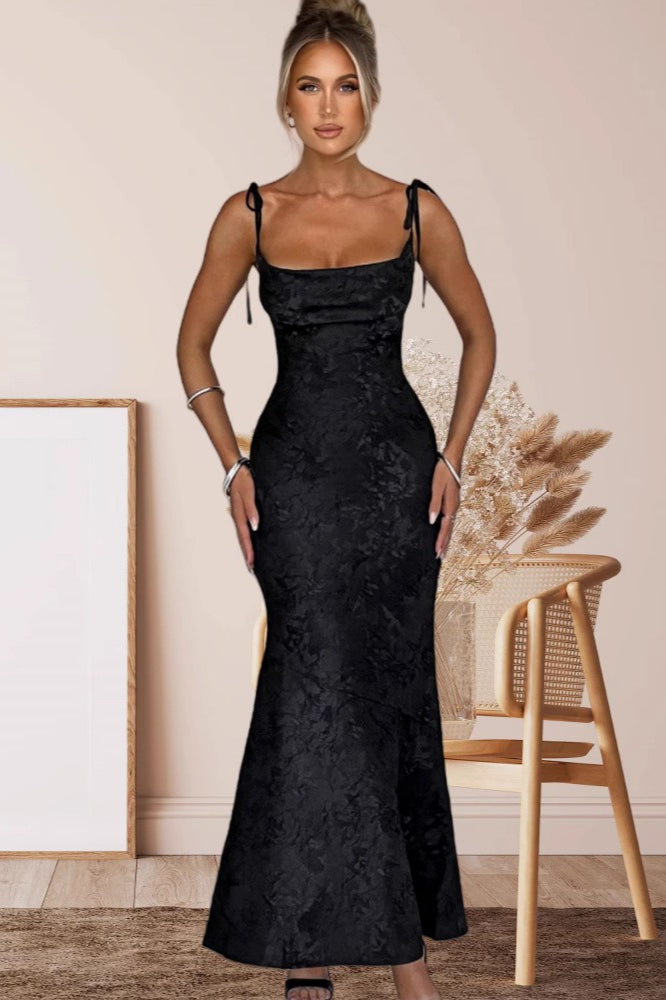 Jacquard Square Neck Tie Strap Mermaid Maxi Dress