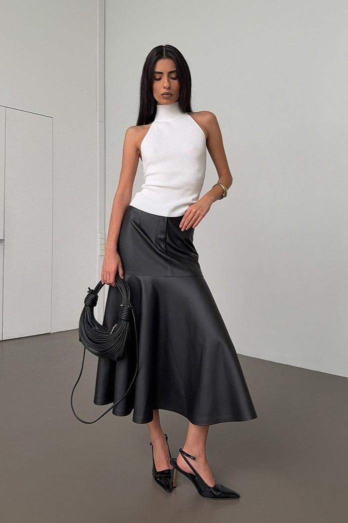Vintage High-Waist A-Line Midi PU Leather Skirt