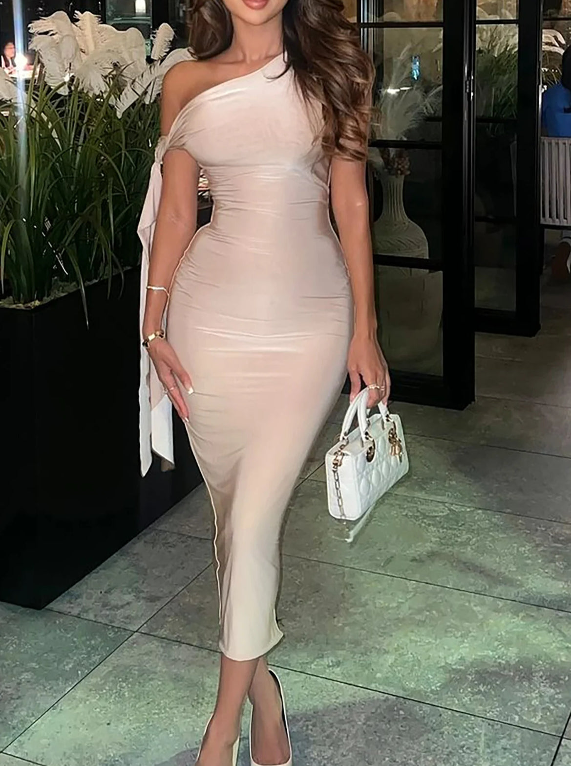 Satin One-Shoulder Bow Ruched Bodycon Midi Dress