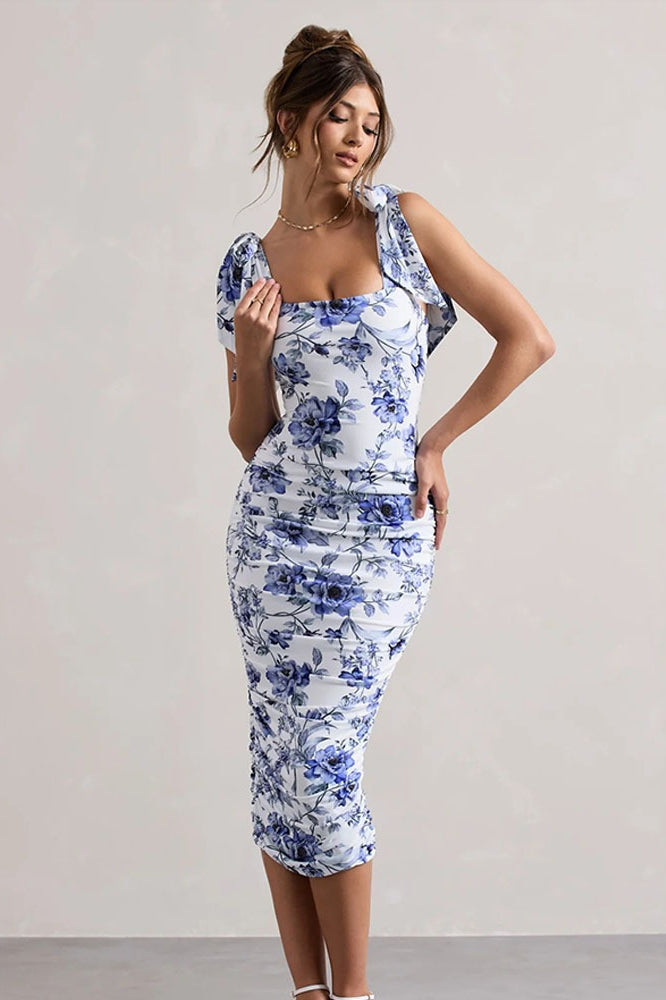 Floral Print Square Neck Tie Strap Ruched Bodycon Midi Dress