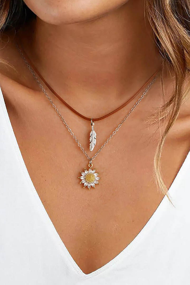 2Pcs Sunflower Leaf Cross Necklace Set - Fashionpara
