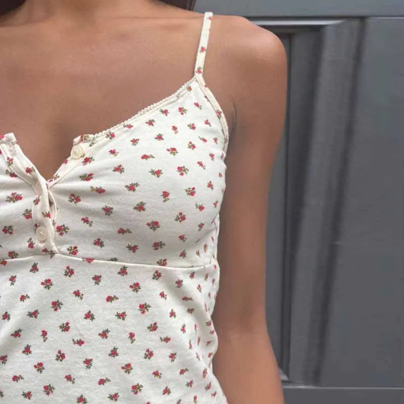 Cute Floral Print Button-Up O Neck Crop Top