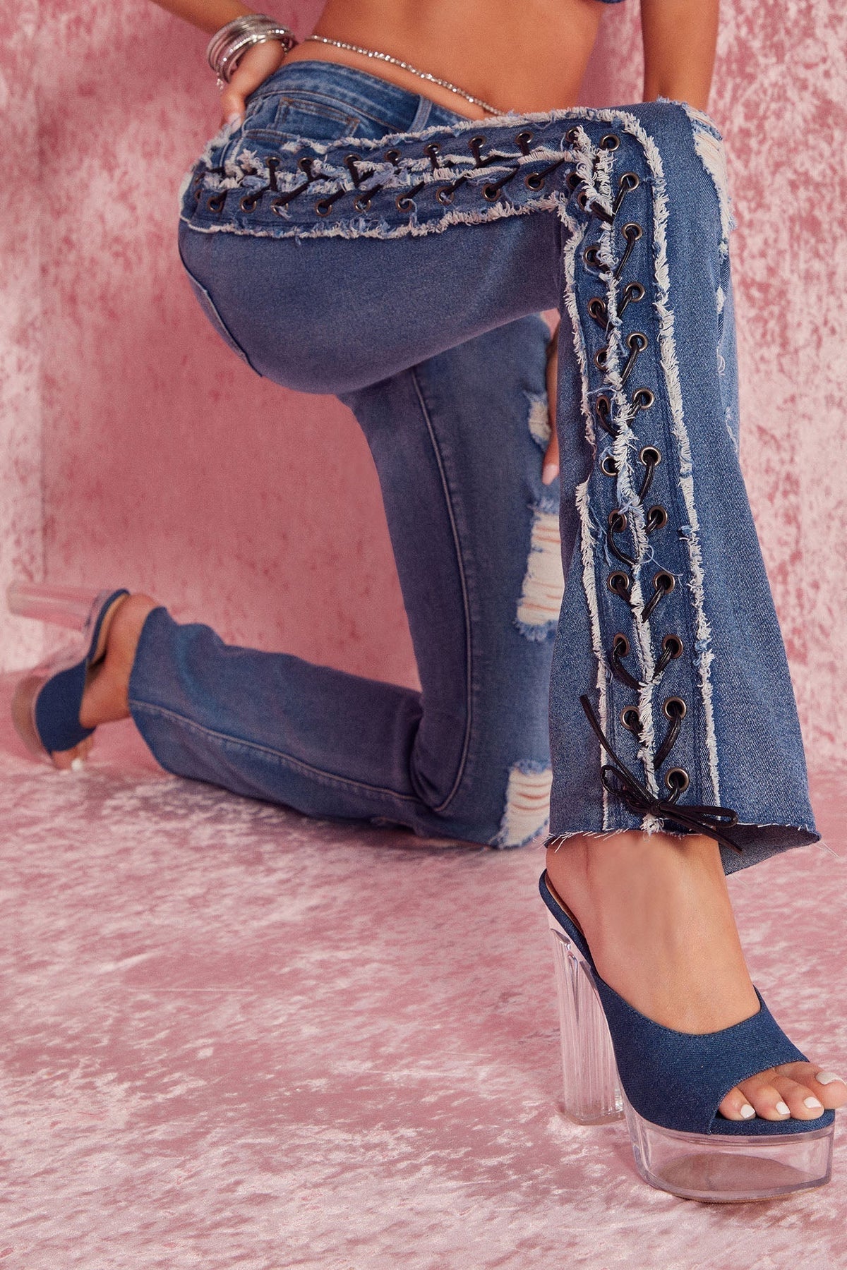 KittenAlarm - All Laced Up Mid Rise Bootcut Jeans - Medium Blue Wash