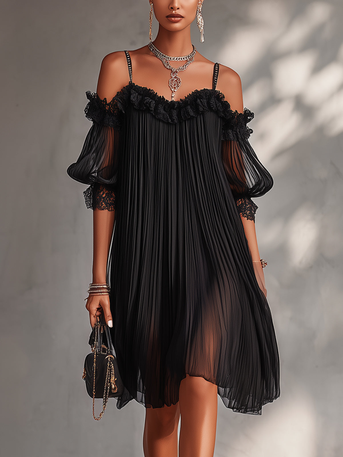 Cold Shoulder Lace Trim Pleated Chiffon Midi Dress 2