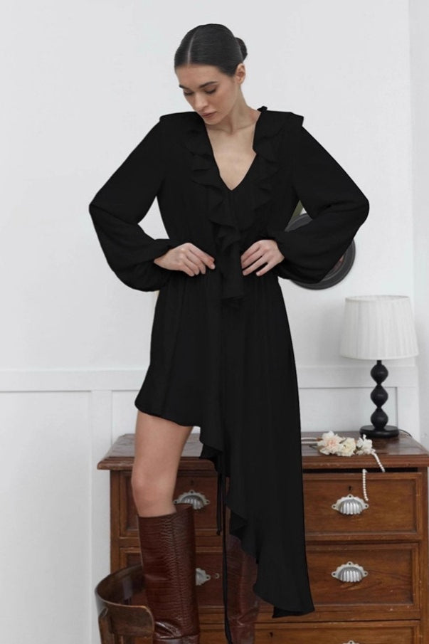 Ruffle Front V-Neck Long Sleeve High Low Dress