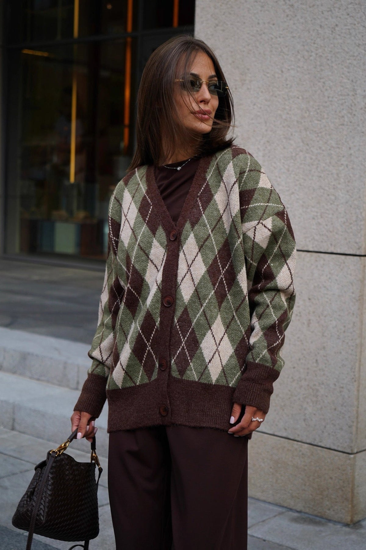 Thick Plaid V Neck Loose Long Sleeve Knit Cardigan