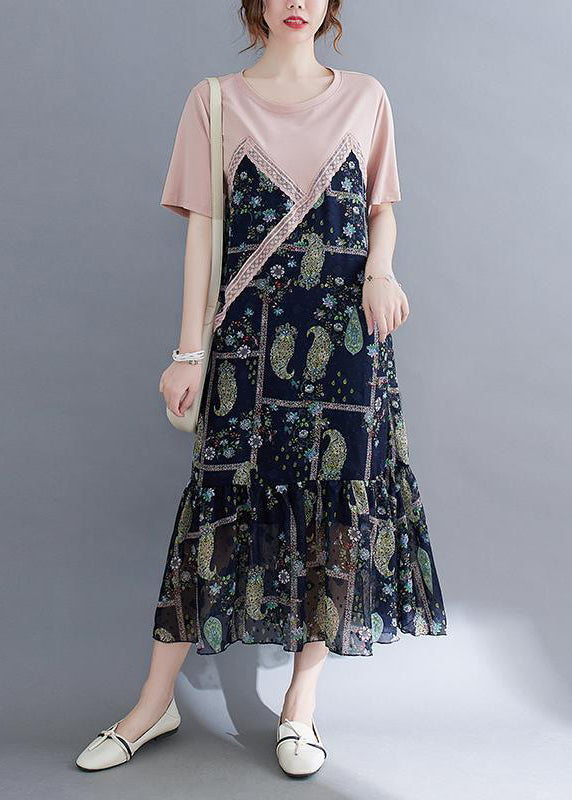 Faux Two Piece Paisley Patchwork Lace Trim Ruffle Hem Midi Dress
