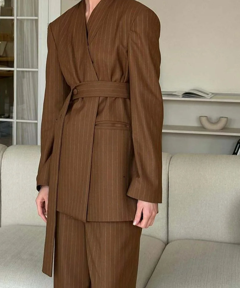 Brown Print V-Neck Lace-Up Pants Office Two Piece Set