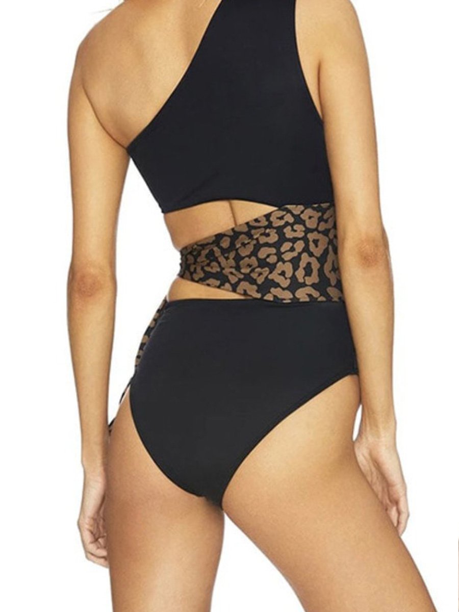 One Shoulder Cutout Leopard Knitting One-piece Swimsuit - Fashionpara