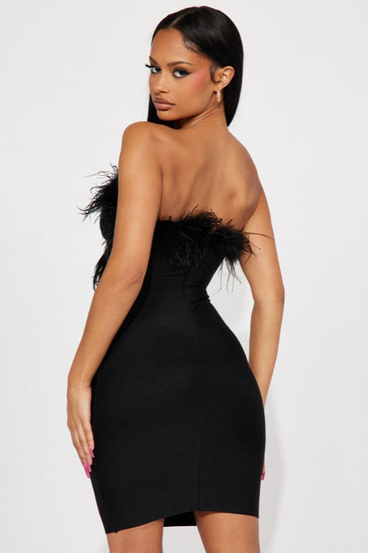 Feather Trim Strapless Party Dress