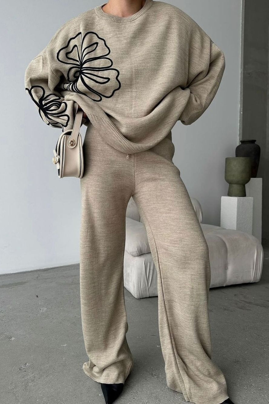 Casual Round Neck Knit Sweater and Pants Two-Piece Set