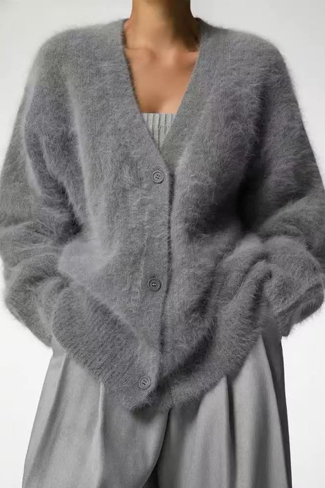 V-Neck Fluffy Knit Cardigan Sweater 4
