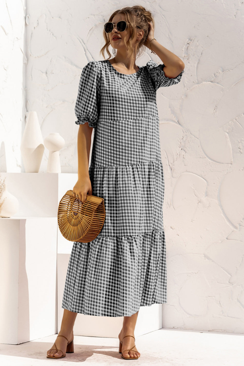 Puff Sleeve Polka Dot Plaid Patchwork Long Dress - Fashionpara