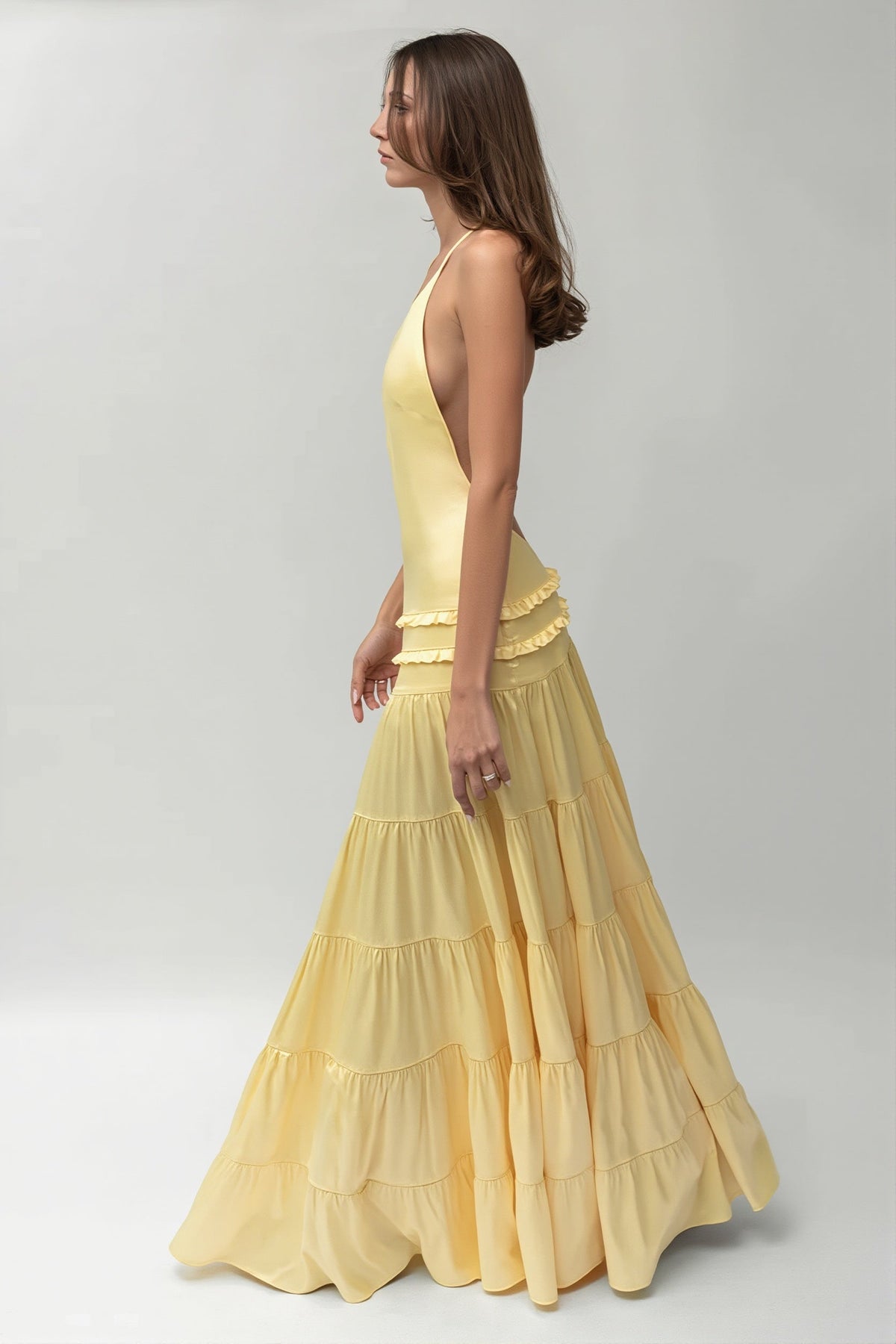 Satin One Shoulder Drop Waist Tiered Maxi Gown 3