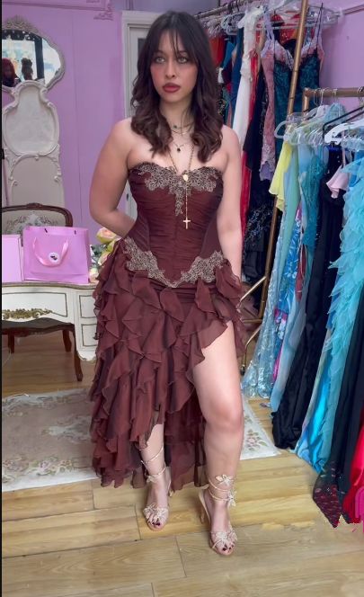 Vintage Hot Pink Lace Chiffon Ruffles Evening Dress Strapless Prom Dress - Fashionpara