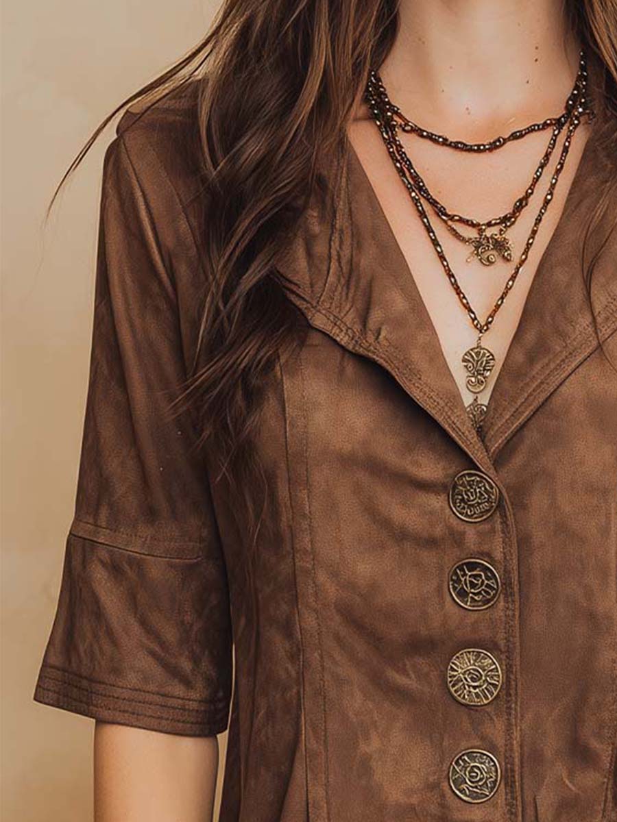 Chestnut Micro-suede Vintage Button Shirt - Fashionpara
