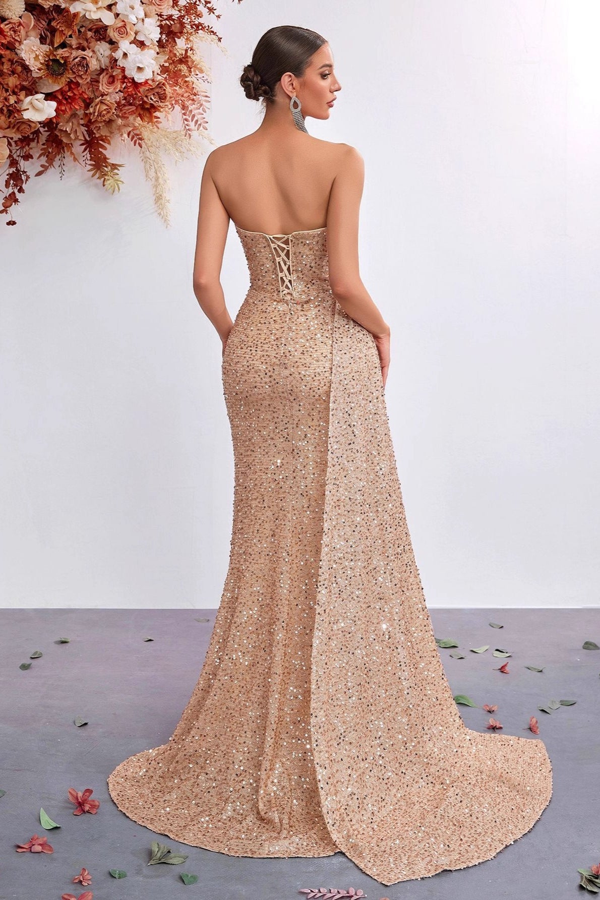Sequin Strapless Sweetheart Ruched High-Slit Gown