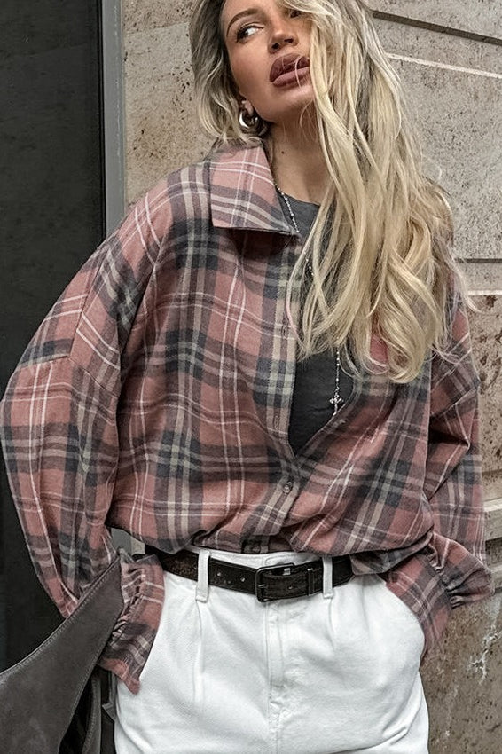 Plaid Loose Fit Cotton Blend Blouse - Fashionpara