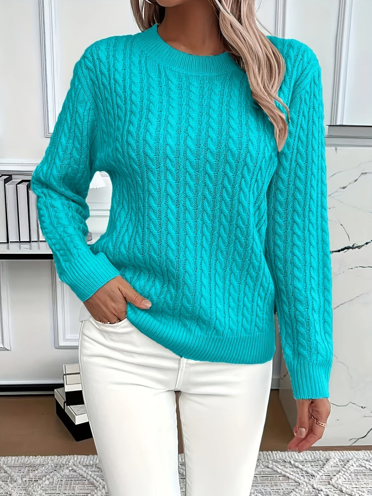 Crew Neck Long Sleeve Cable Knit Sweater 6