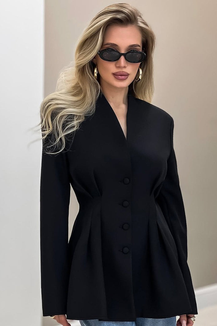 Pleated Waist Stand Collar Blazer 3