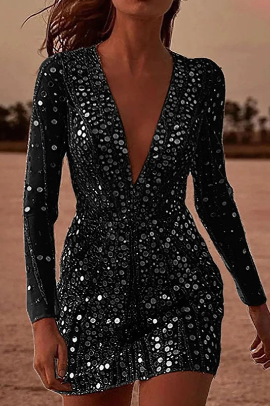 Sequin Embellished V-Neck Long Sleeve Mini Dress