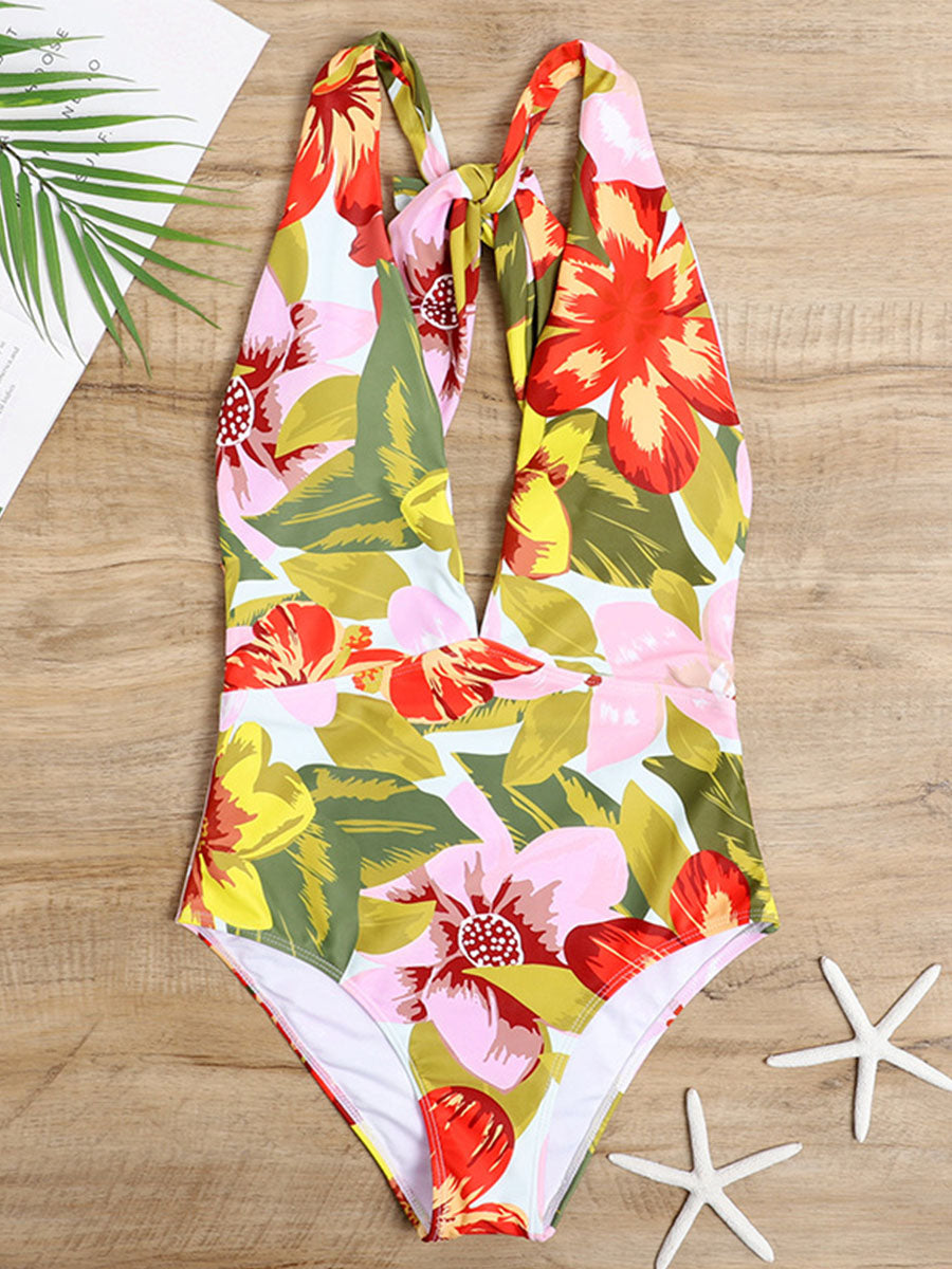 Floral Printed Tie Back Cutout Deep V One Piece Swimsuit - Fashionpara