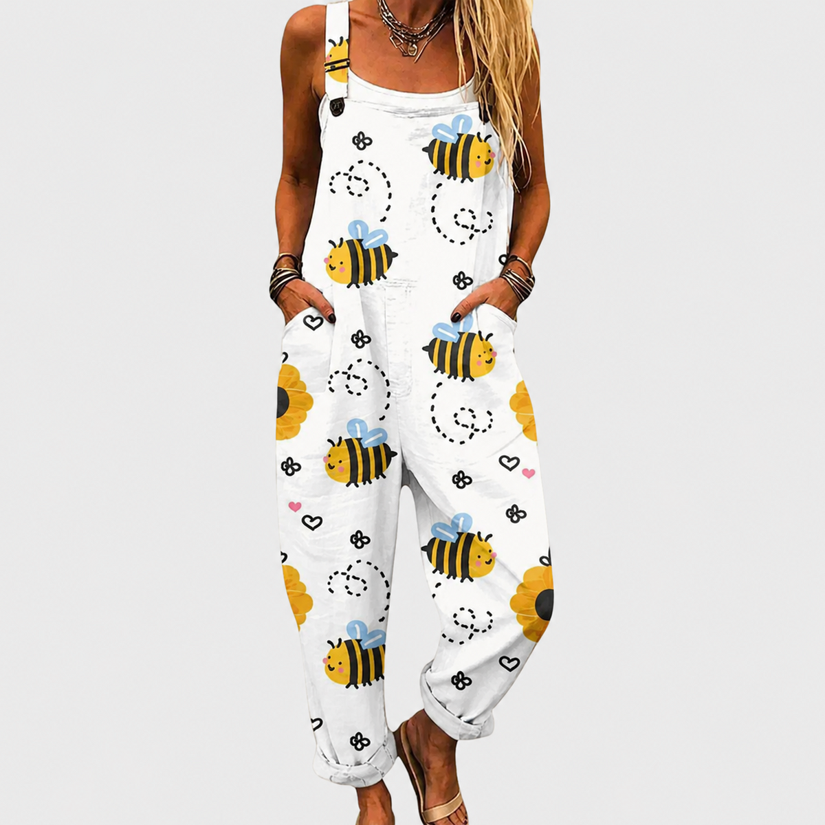 Bee and Sunflower Print Adjustable Strap Overall Jumpsuit