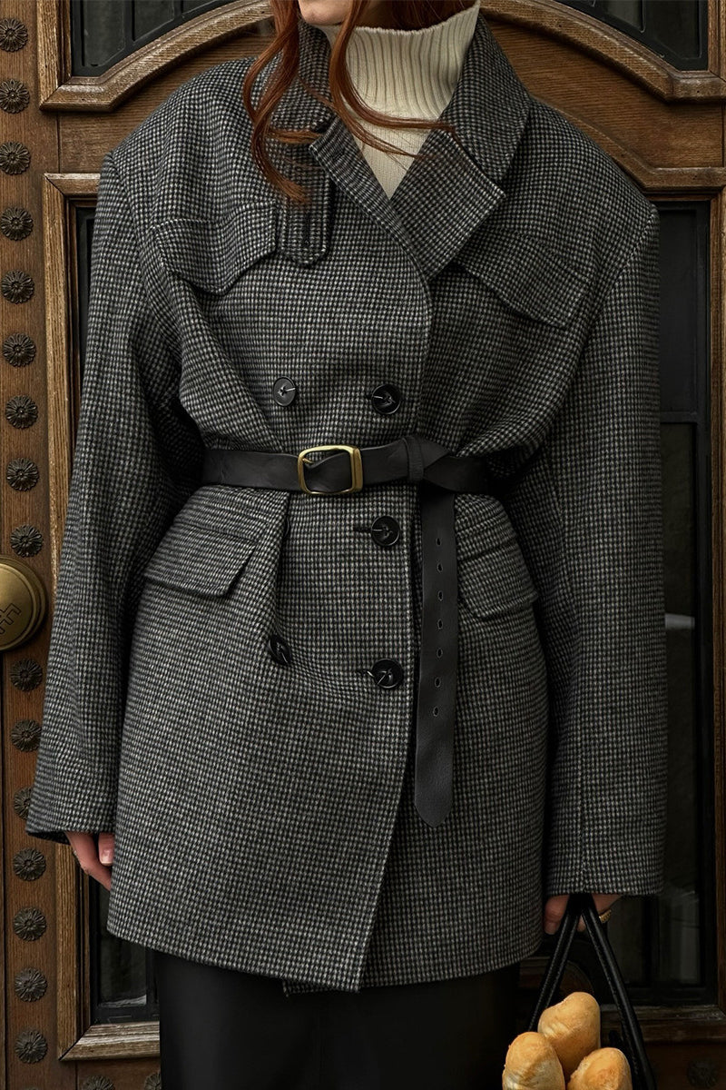 Houndstooth Wool Double Breasted Mid Length Trench Coat 3