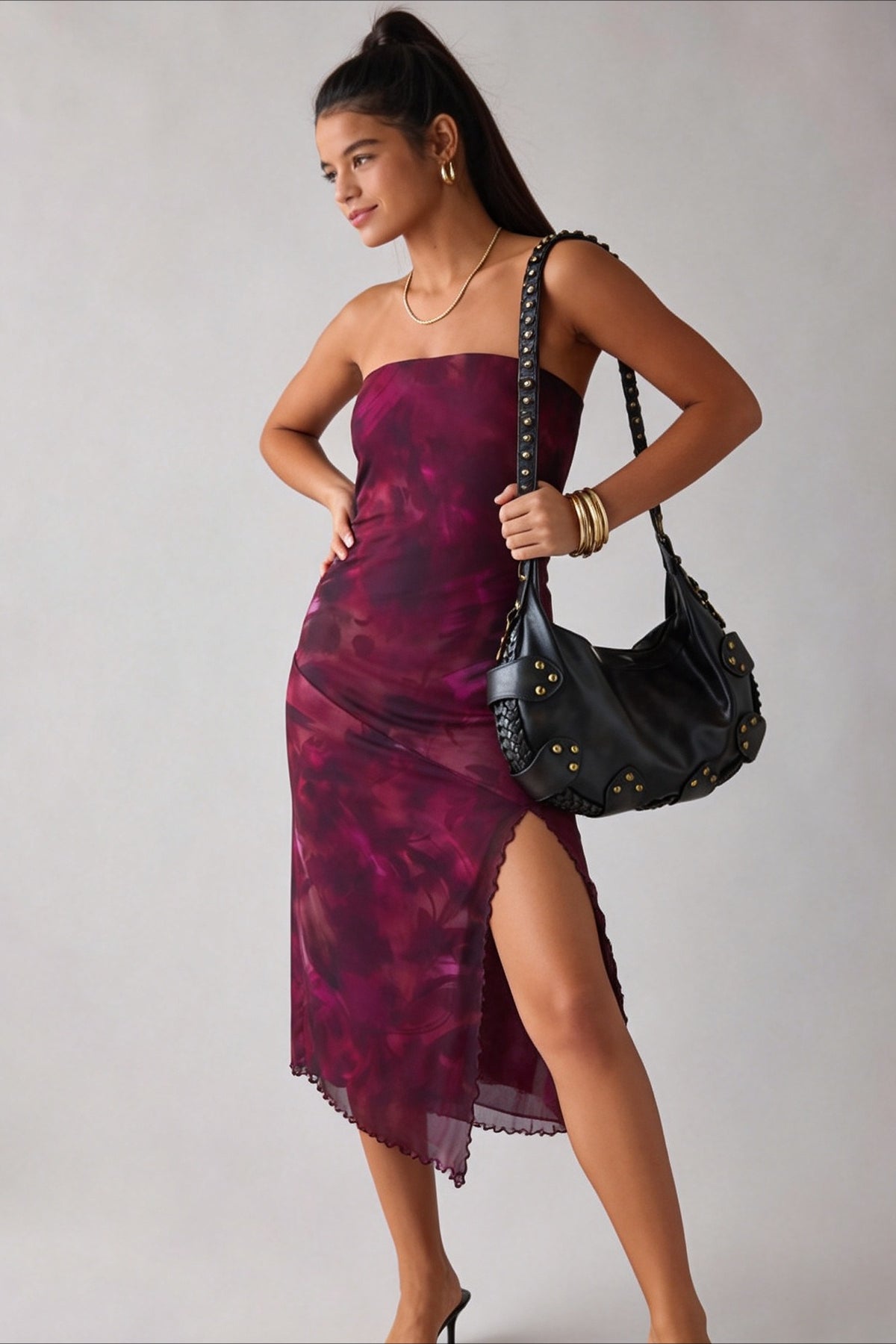 Gradient Print Mesh Strapless High Split Bias Midi Dress