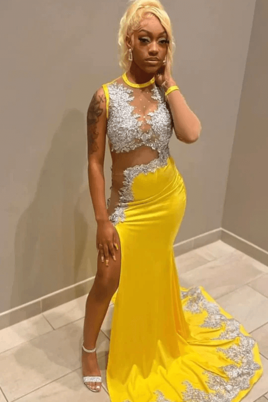 black girl yellow lace evening dresses,silver lace prom dresses, sexy evening dresses - Fashionpara