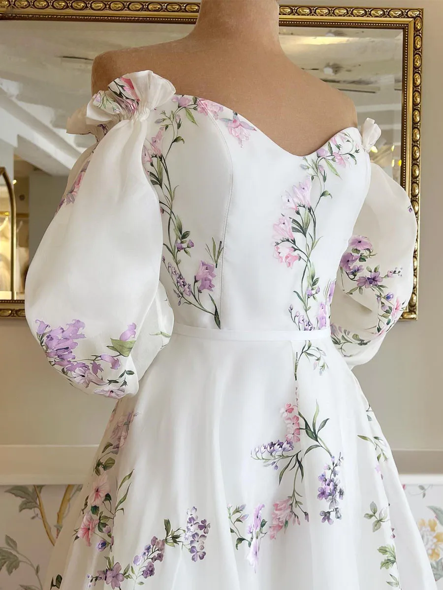 Women's Floral Print Wedding Dresses, Off-the-Shoulder Bridal Gowns, Beach Sweep Train Bridal Gown