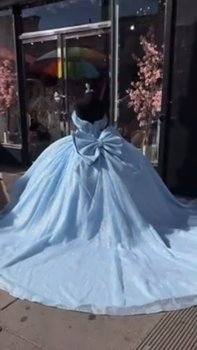 Baby blue sequins quinceanera dresses Sweet 16 Dresses Off the Shoulder Ball Gown - Fashionpara