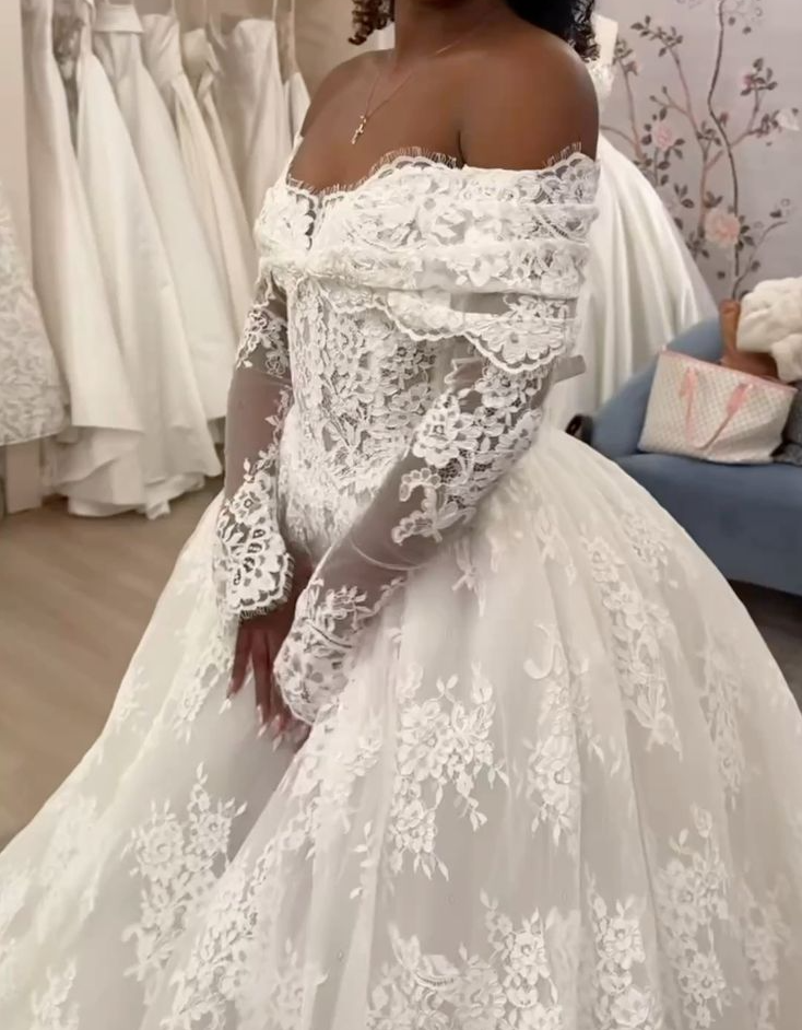 Off Shoulder Lace A-Line Wedding Dress, Long Sleeves Lace Bridal Gown
