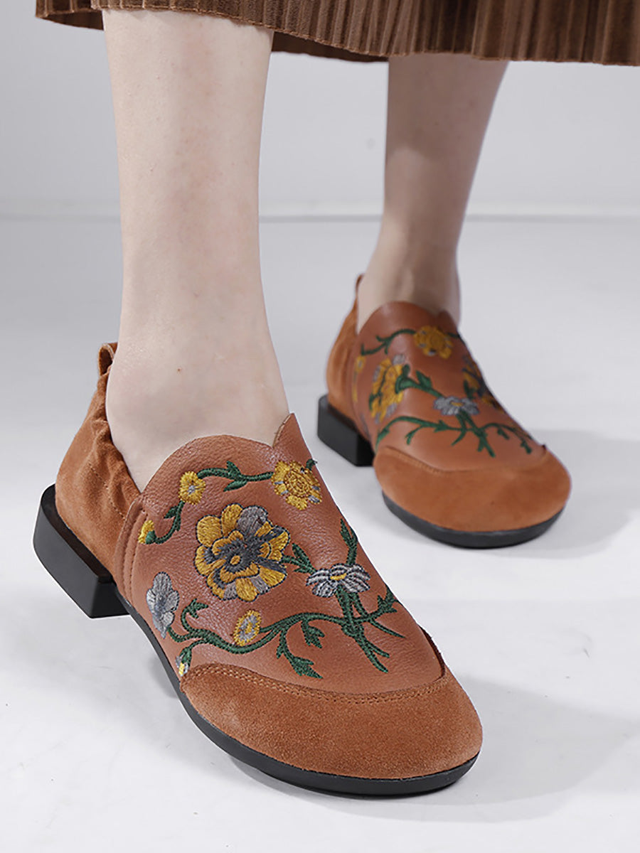 Ethnic Autumn Embroidery Leather Low Heel Shoes