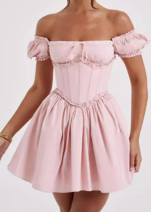 Off Shoulder Puff Sleeve Corset Ruffle Trim Fit and Flare Mini Dress