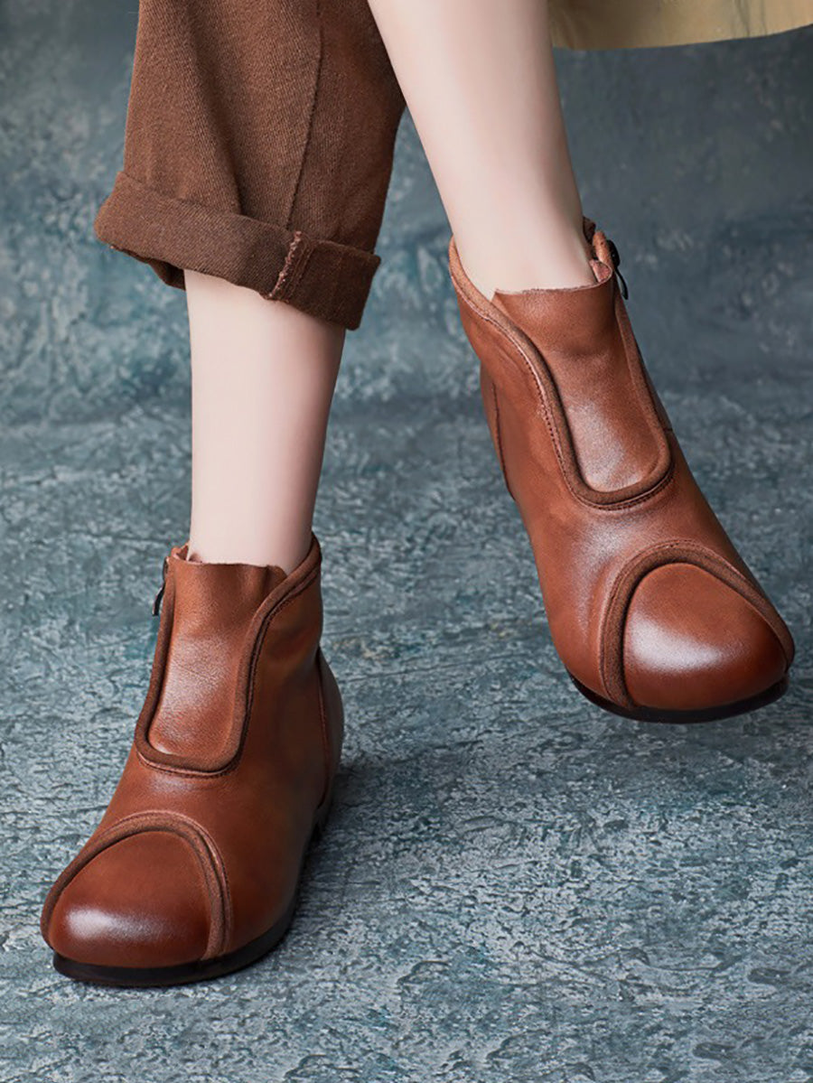 Genuine Leather Spliced Solid Low Heel Ankle Boots