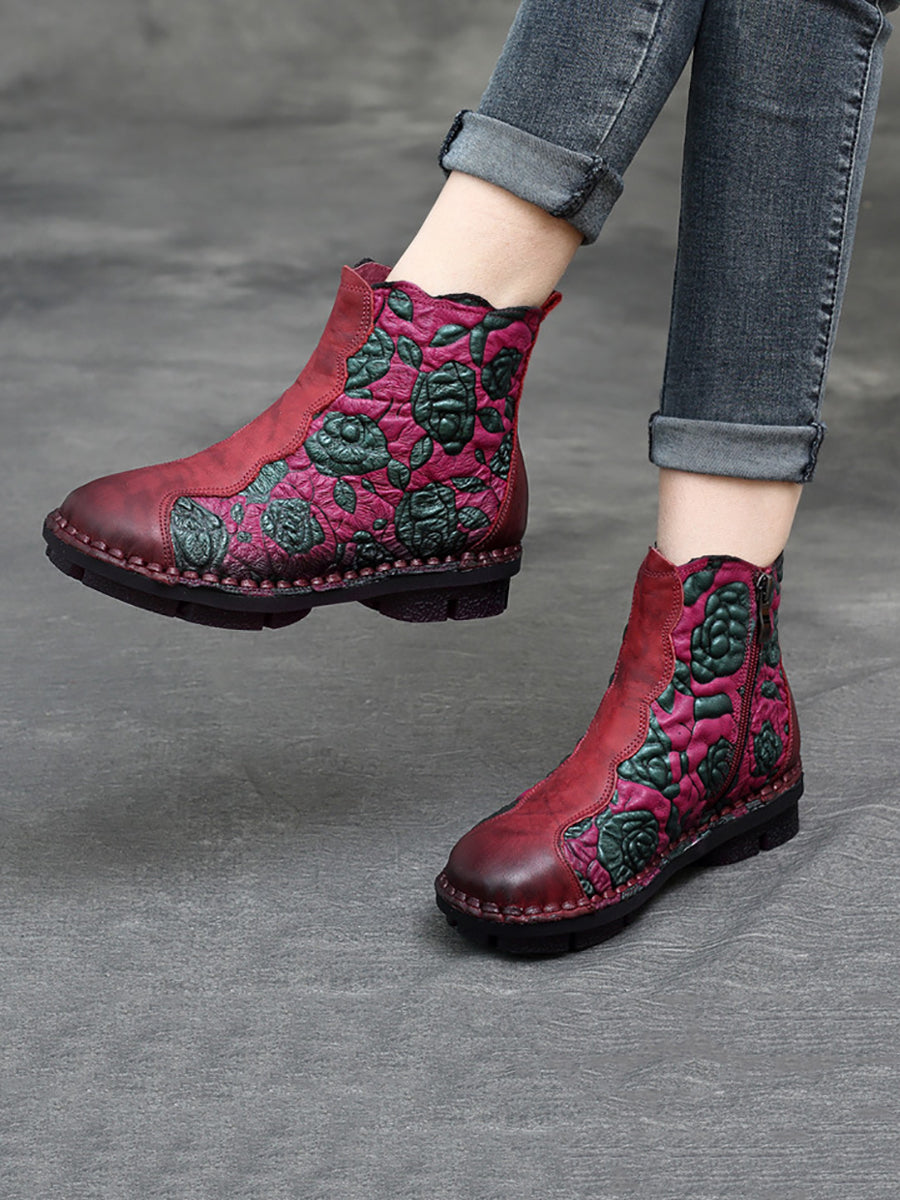 Retro Flower Leather Spliced Zipper Low Heel Boots