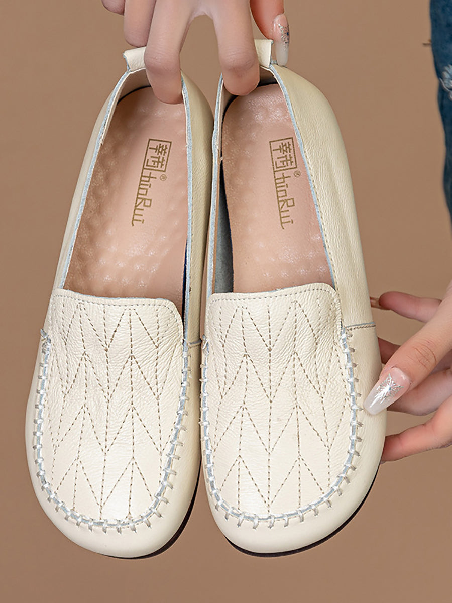 Vintage Genuine Leather Stitching Low Heel Shoes