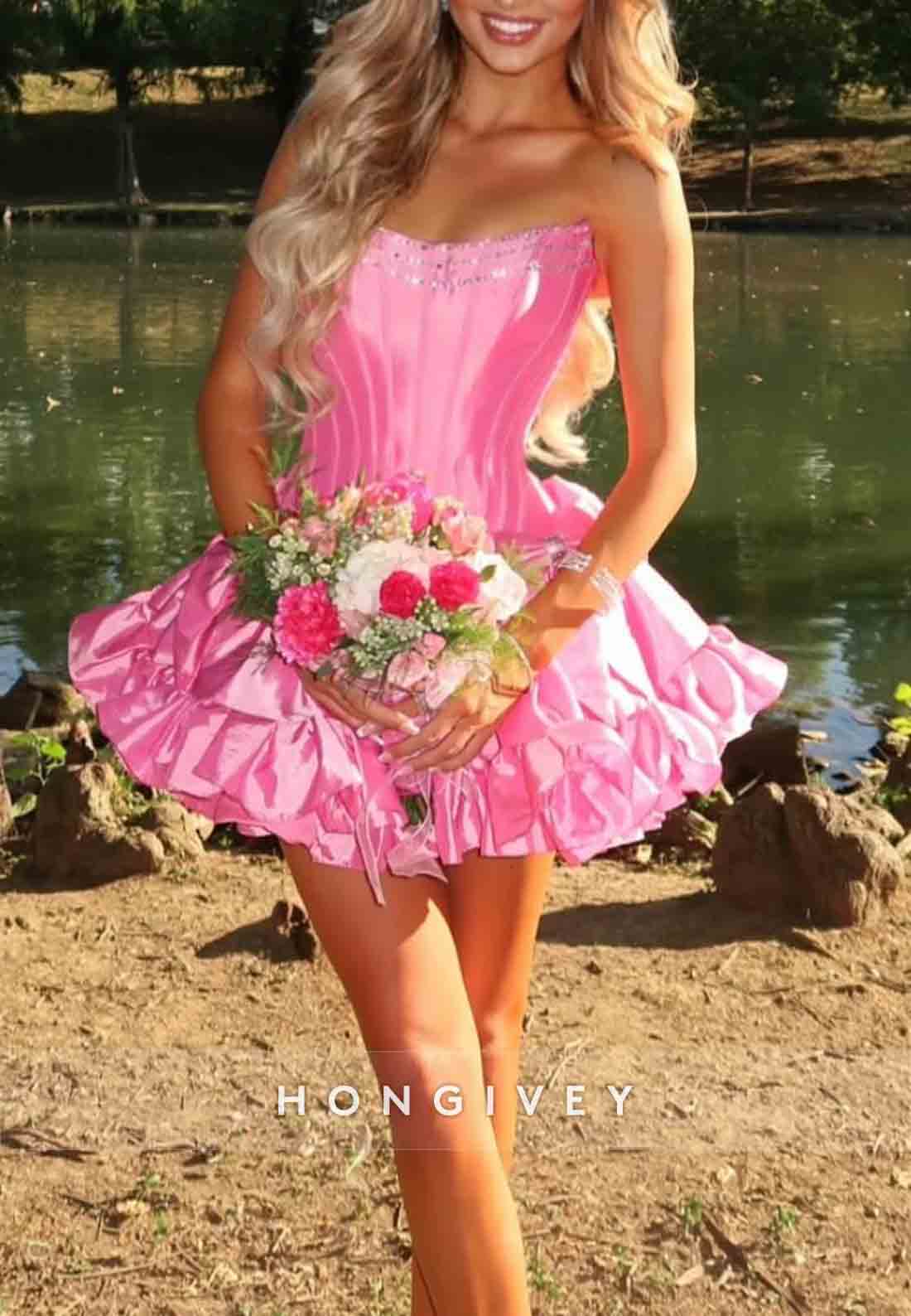 Bowknot Ruched Strapless Satin Pleated Ball Gown Short Homecoming Dresses