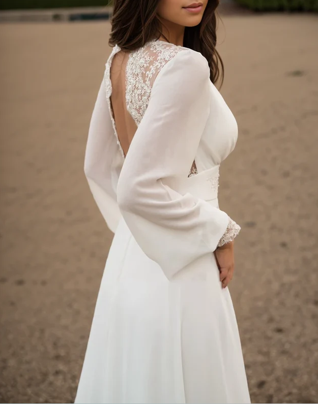 Ivory lace wedding dress, long-sleeve button back long train gown lace & chiffon Wedding Dresses