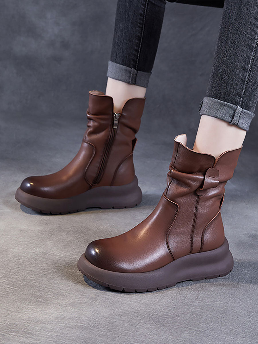 Winter Genuine Leather Spliced Low Heel Boots