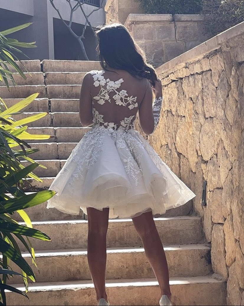 A Line Unique Short Wedding Dress with Lace Appliques