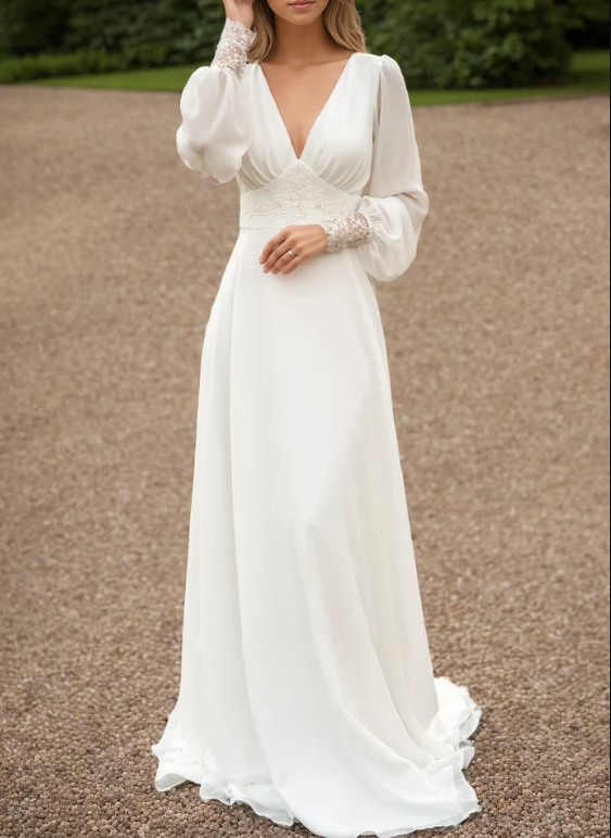 Ivory lace wedding dress, long-sleeve button back long train gown lace & chiffon Wedding Dresses