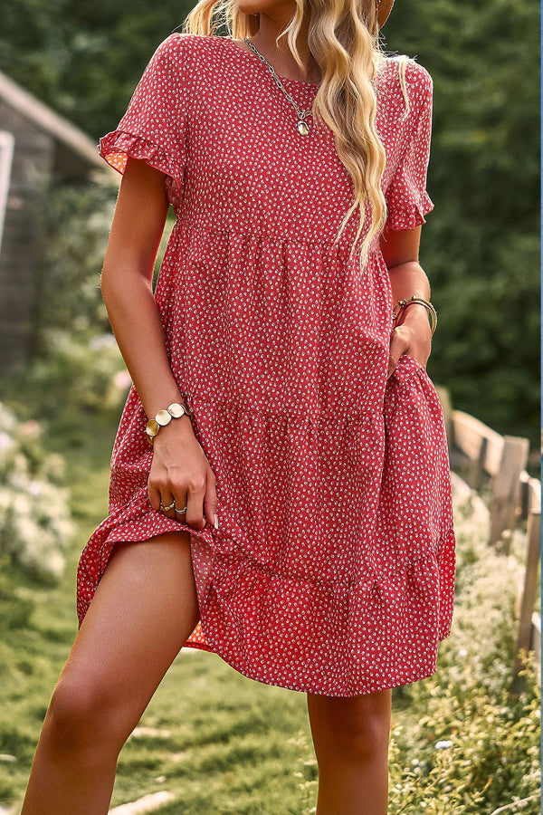 Cute Round Neck Floral Print Mini Dress Fashionpara